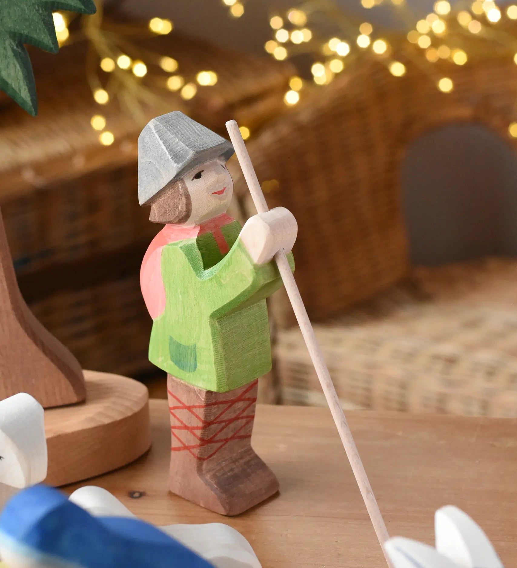 Ostheimer shepherd wooden toy nativity figure in a small world play scene. 
