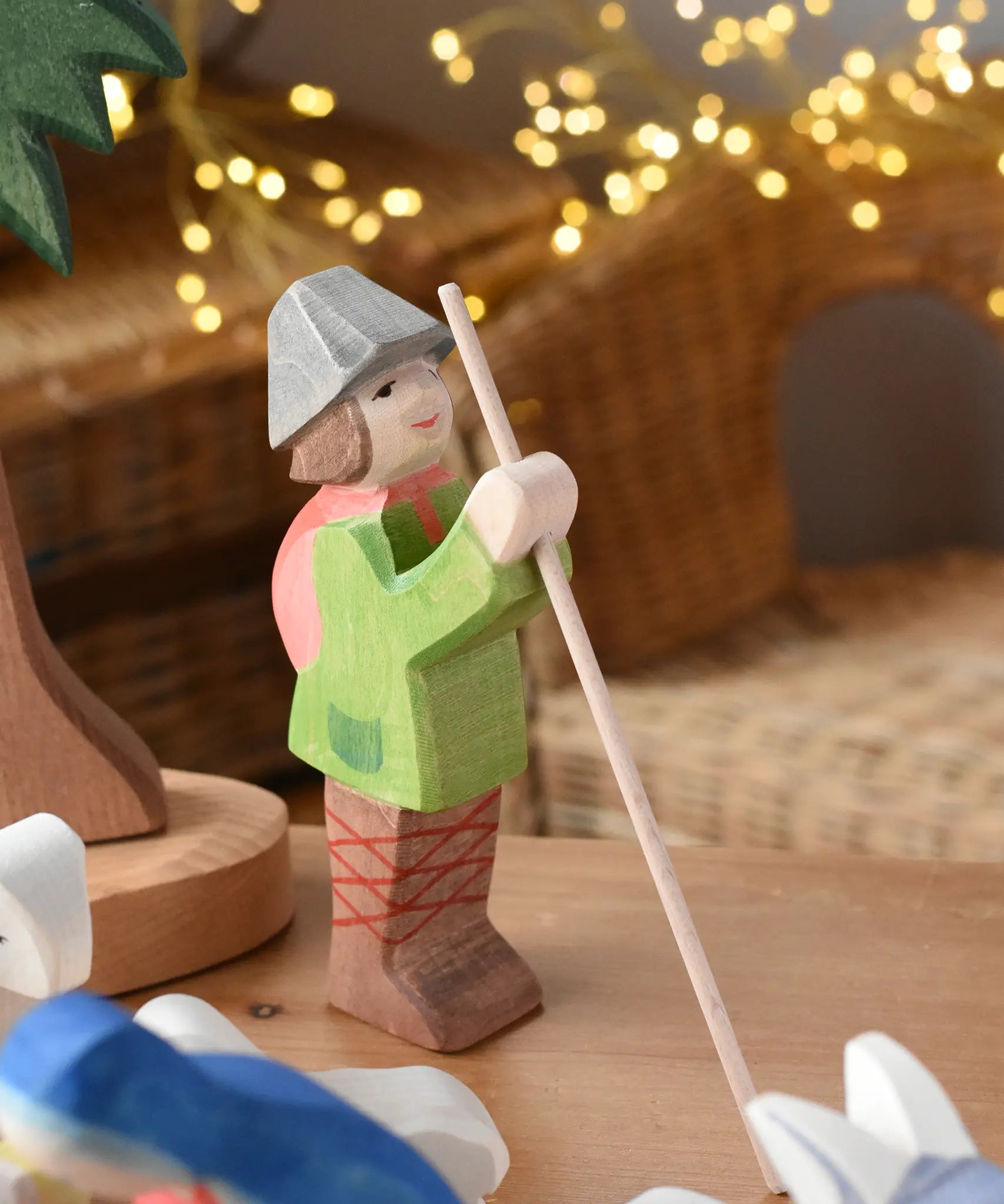 Ostheimer shepherd wooden toy nativity figure in a small world play scene. 