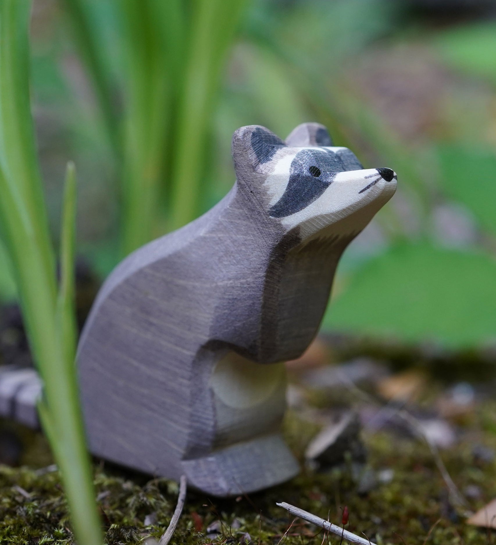 An Ostheimer sitting raccoon wooden figure placed on a mossy surface outdoors among blades of green grass. This expertly hand crafted wooden figure is part of a large range of wooden toys here at Babipur.