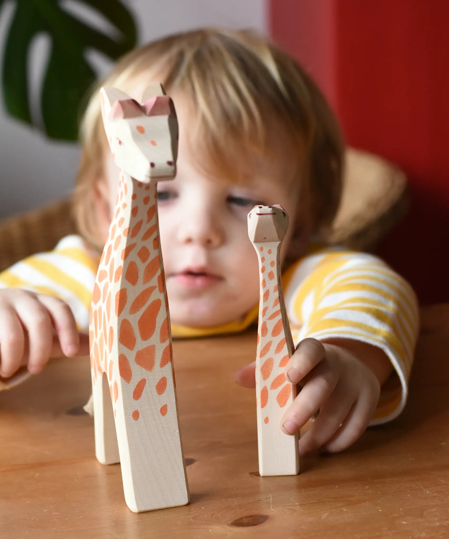 Ostheimer giraffe figures placed on a wooden surface in front of a child.