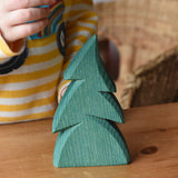 Ostheimer small green spruce tree placed on a wooden surface in front of a child.