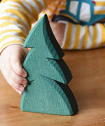 Child's hand reaching for the Ostheimer small green spruce tree. 