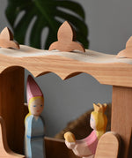 Close up of the decorative features on the roof of the Ostheimer Wooden Stage Coach toy.