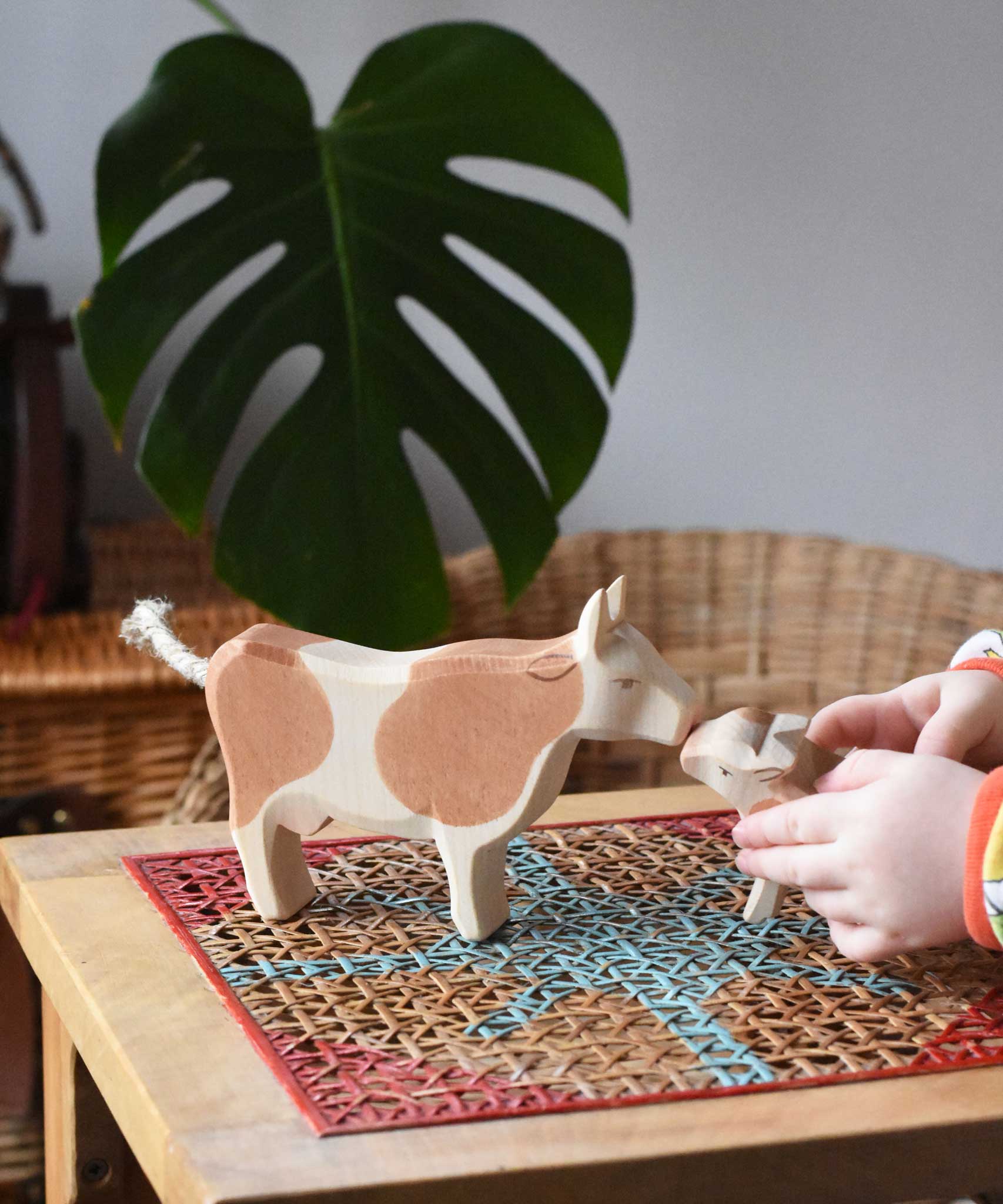 Child playing with Ostheimer brown standing cow figure placing a calf in front of it. 