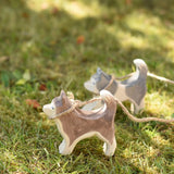 Ostheimer standing sled dog placed on grass next to a running sled dog in the Babipur garden. Both dogs have been attached to makeshift string leads. 