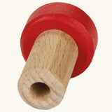 Ostheimer handcrafted wooden trailer adapters with a unpainted pin and red top.
