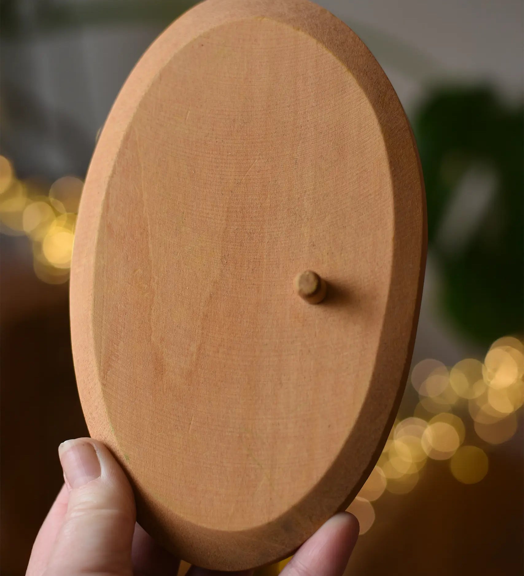 Ostheimer palm tree group wooden support base in an adult's hand. 