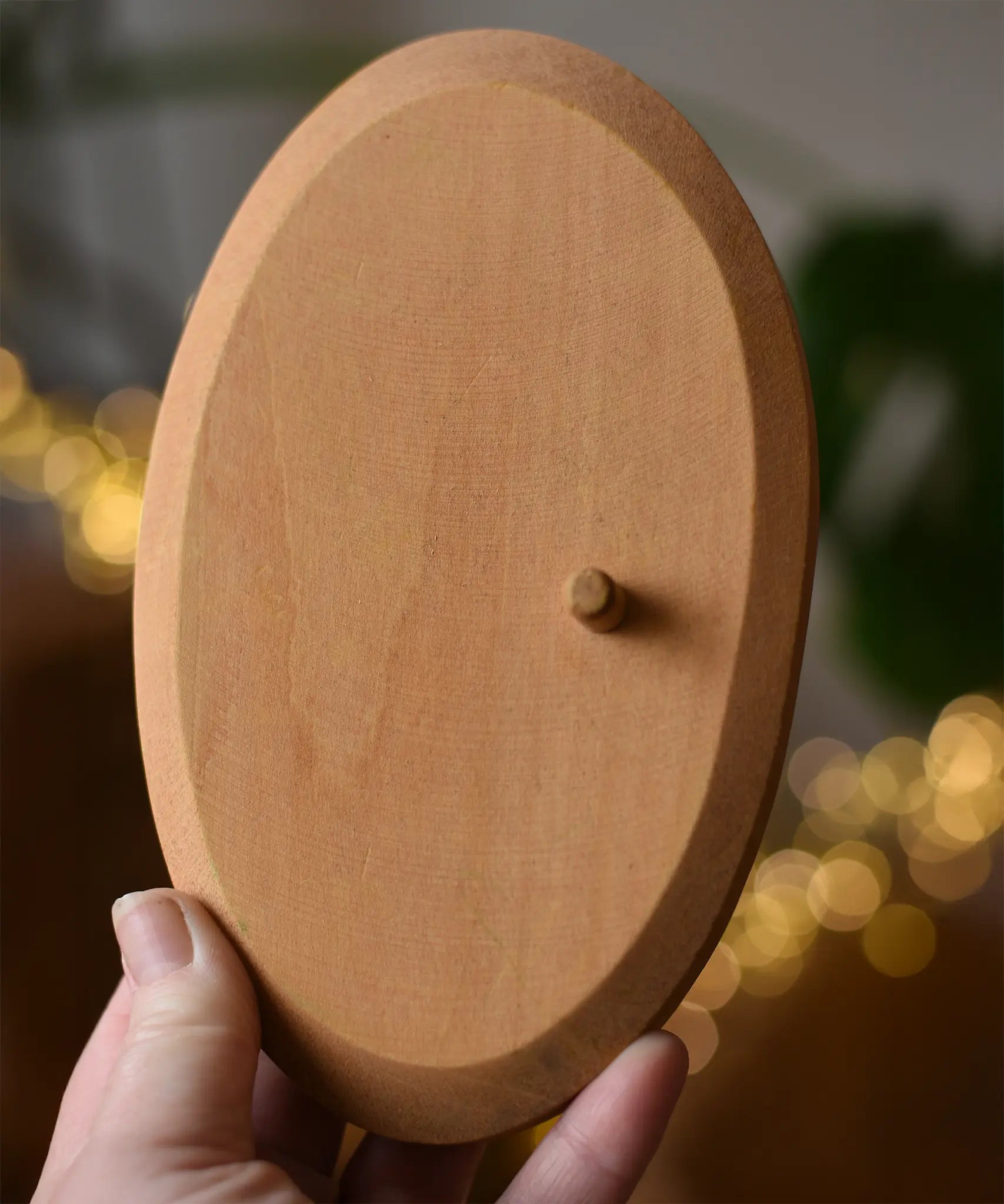 Ostheimer palm tree group wooden support base in an adult's hand. 