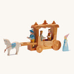 Ostheimer Wooden Stage Coach toy on a plain background. The coach is surrounded by wooden figures of people and a horse.  