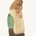 A wooden standing Ostheimer fir tree dwarf wearing a green top and a brown hat on a cream background