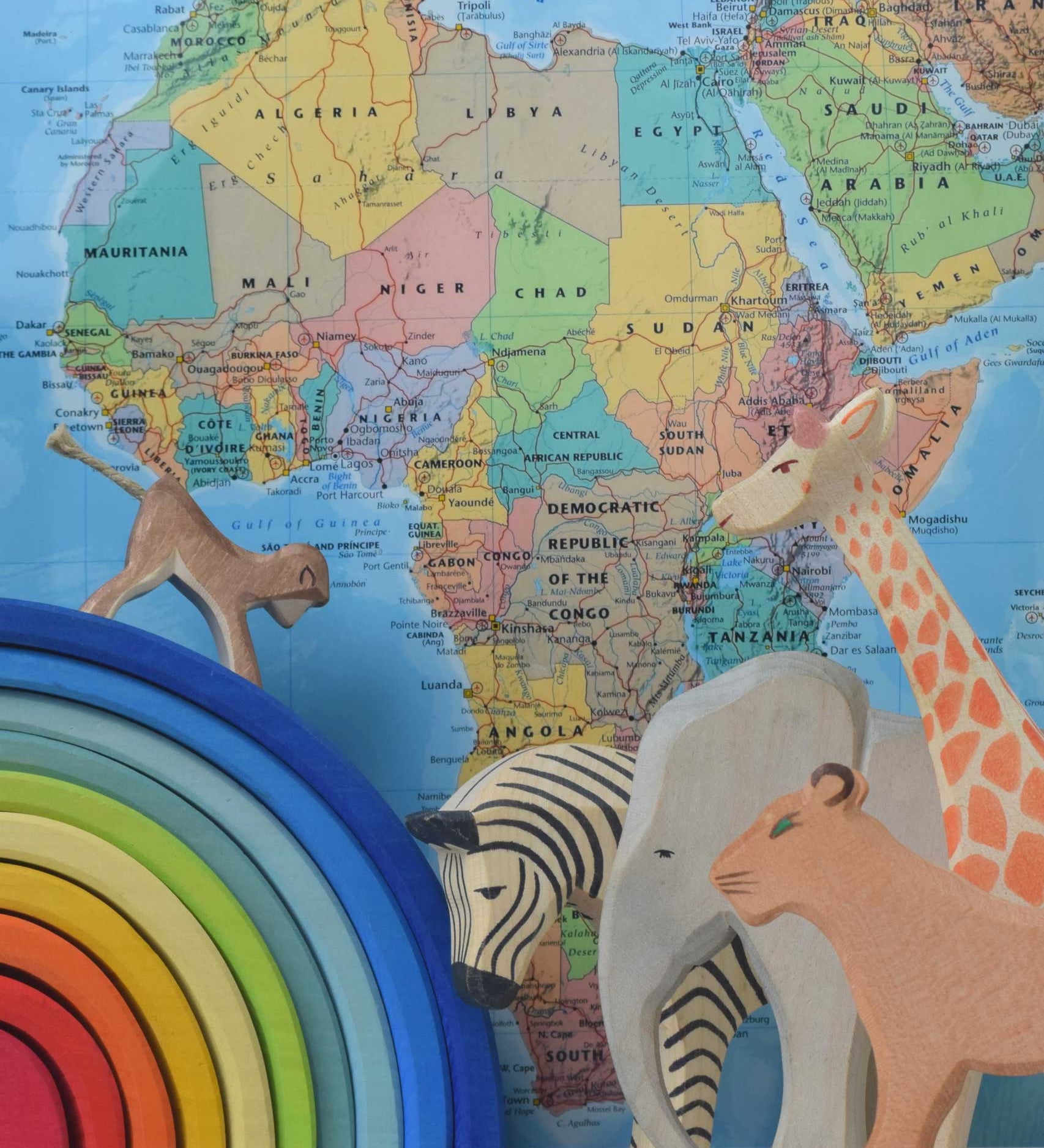 A collection of Ostheimer wooden animal figures placed next to a Grimm's rainbow in front of a world map. There is a monkey, zebra, elephant, lioness and giraffe.