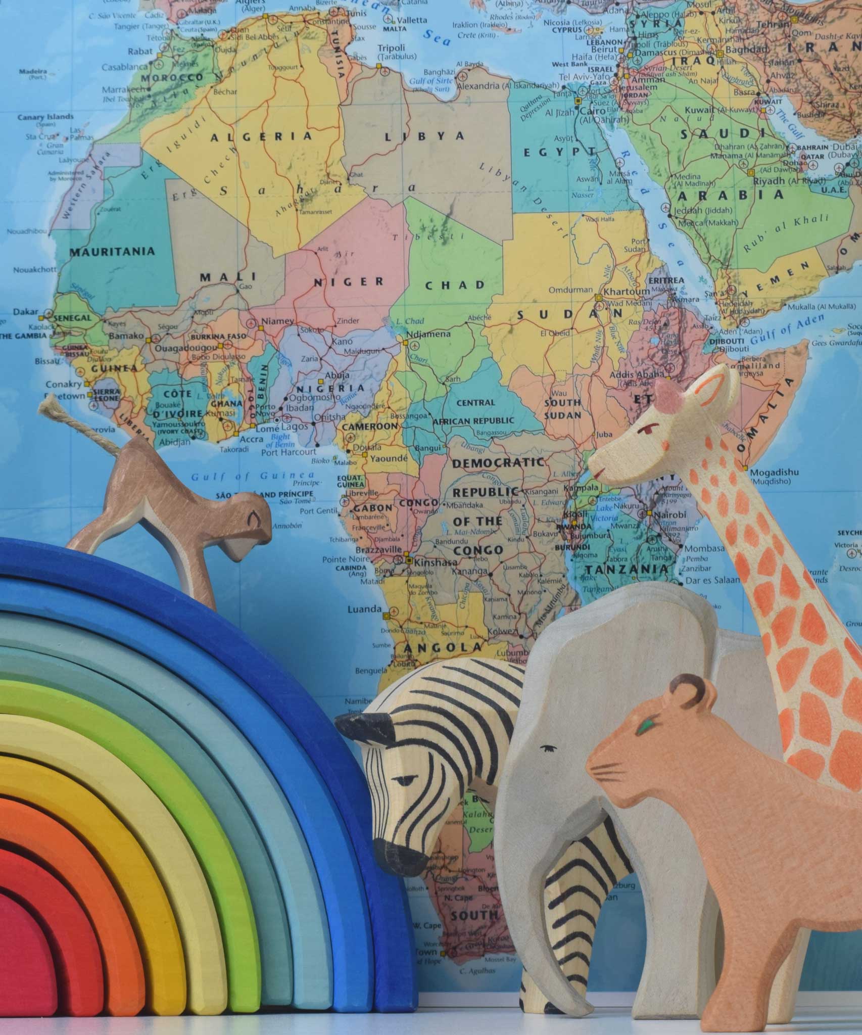 A collection of Ostheimer wooden animal figures placed next to a Grimm's rainbow in front of a world map. There is a monkey, zebra, elephant, lioness and giraffe.