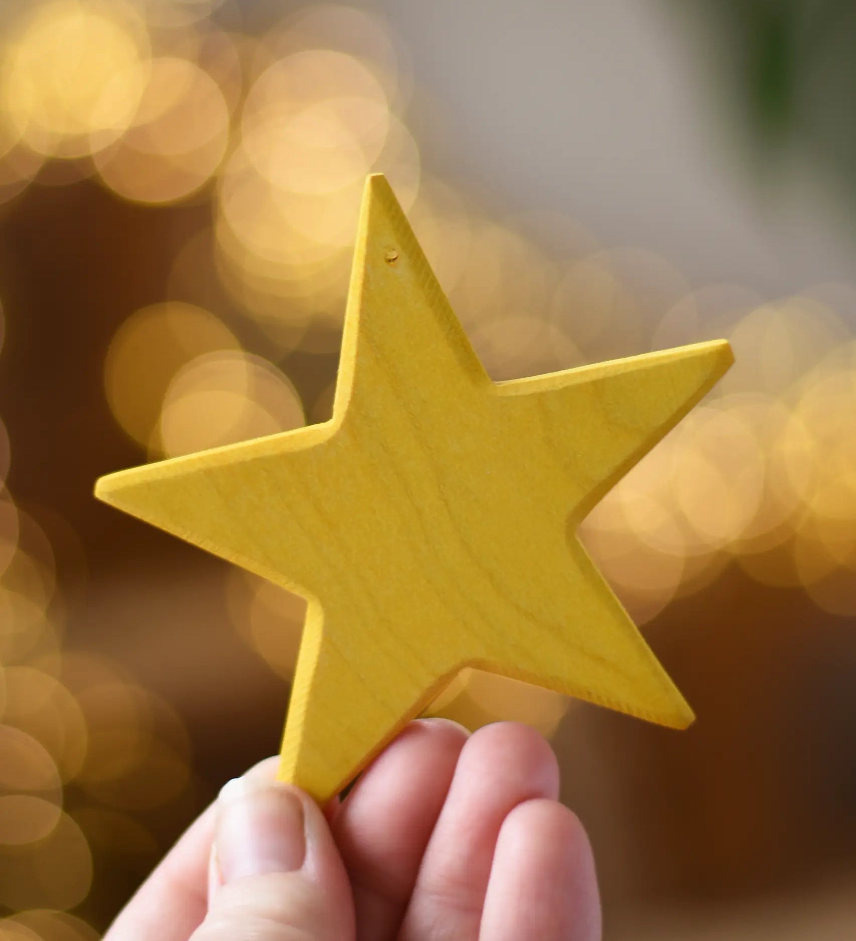 Ostheimer yellow star wooden decoration in an adult's hand. 