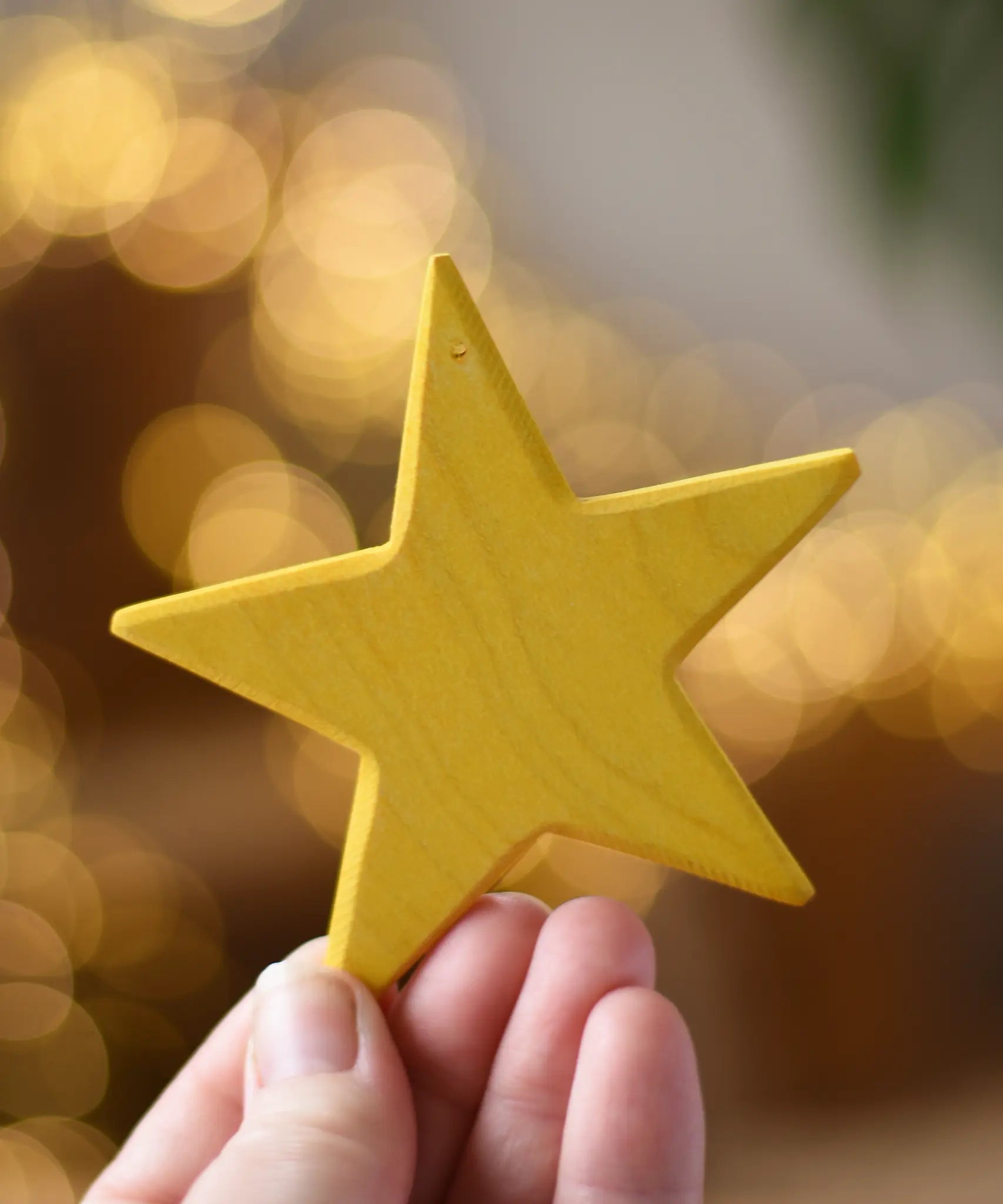 Ostheimer yellow star wooden decoration in an adult's hand. 