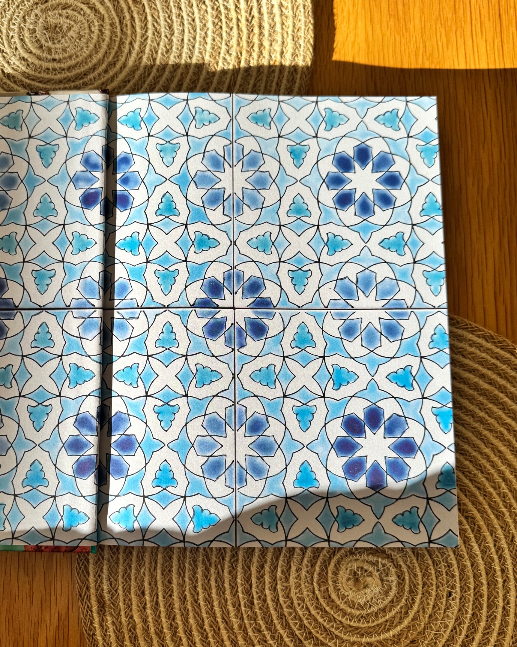 The inside cover of the Palestine on a Plate cookbook- it's a beautiful illustration of blue tiles, similar to ones found in Palestinian homes.