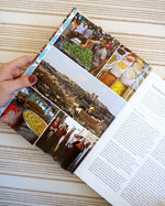 A page from Palestine on a Plate cookbook, showing pictures of Palestine, traditional Palestinian dress, and market sellers.