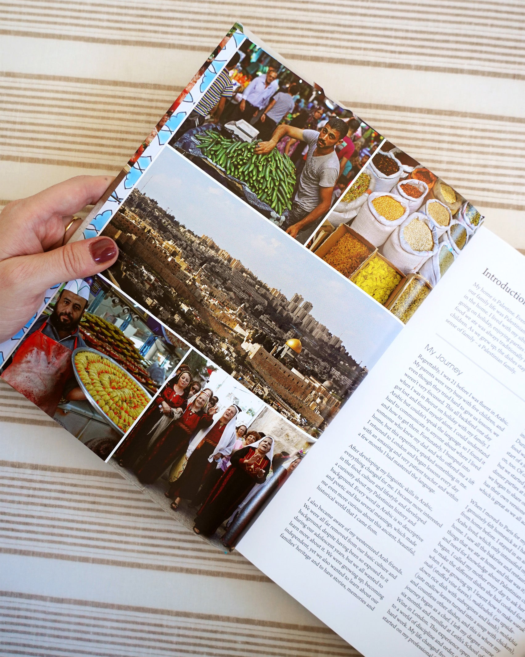 A page from Palestine on a Plate cookbook, showing pictures of Palestine, traditional Palestinian dress, and market sellers.