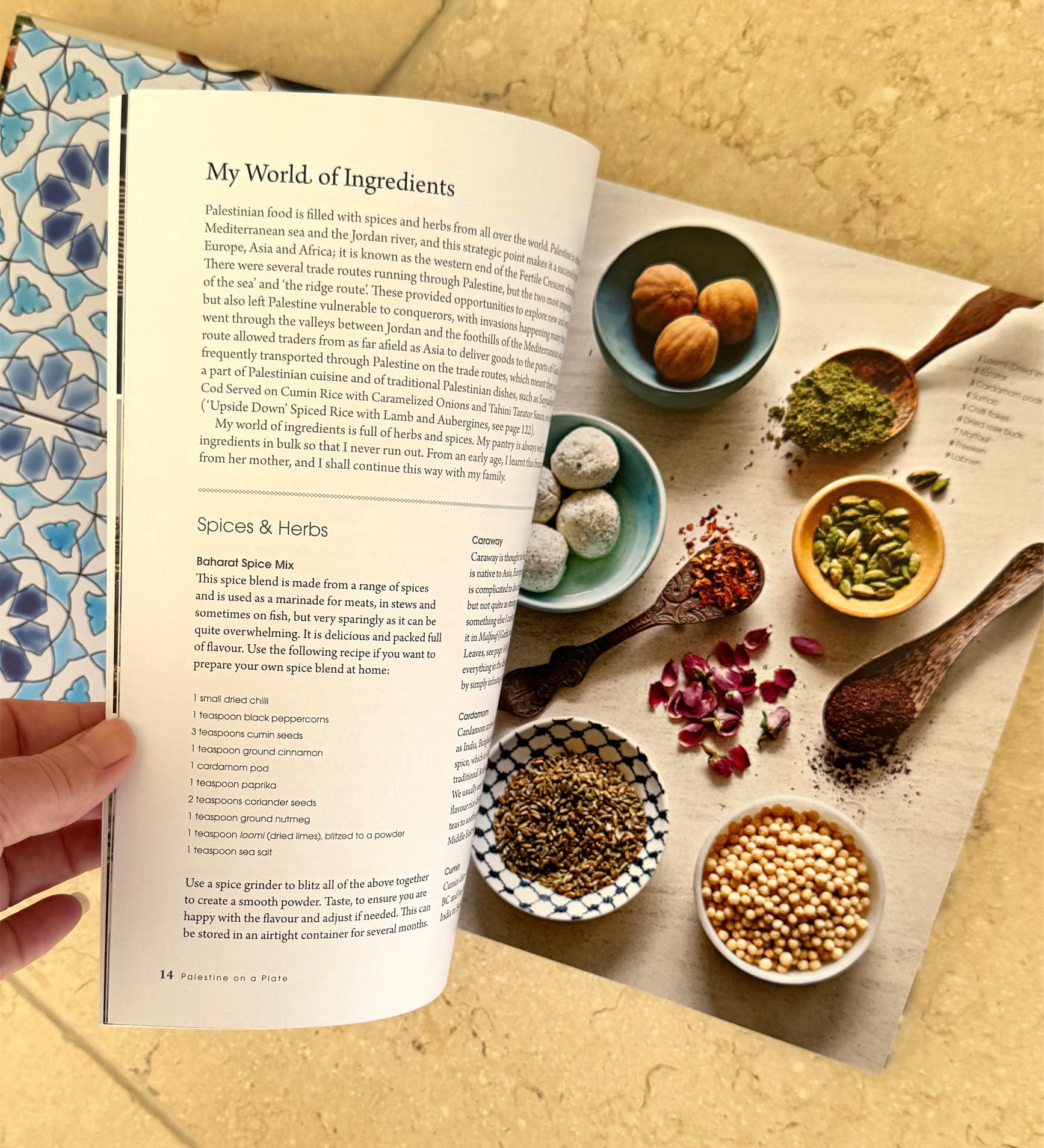 The cookbook 'Palestine on a Plate' is shown open to reveal a colourful page displaying spices and ingredients. 