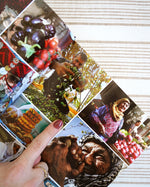 A page from the Palestinian cookbook; 'Palestine on a Plate' by Joudie Kalla. It shows Palestinian food farmers, market sellers, and crops.