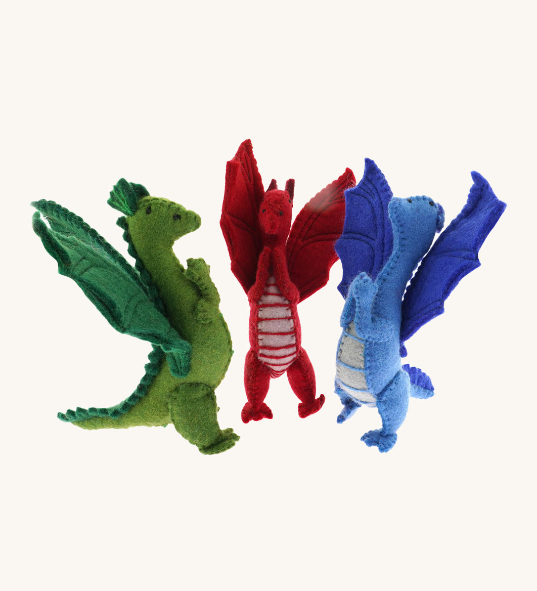 A set of 3 Papoose dragons. Soft natural coloured free-standing dragons with cute facial features  and a grey stripy tummy