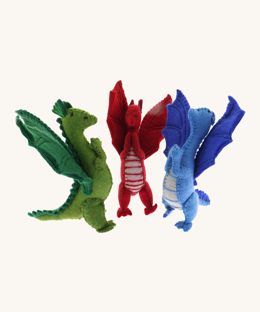 A set of 3 Papoose dragons. Soft natural coloured free-standing dragons with cute facial features  and a grey stripy tummy