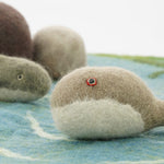 Close up of the Papoose felt fish and dolphin toys on a blue play mat in front of some Papoose rocks