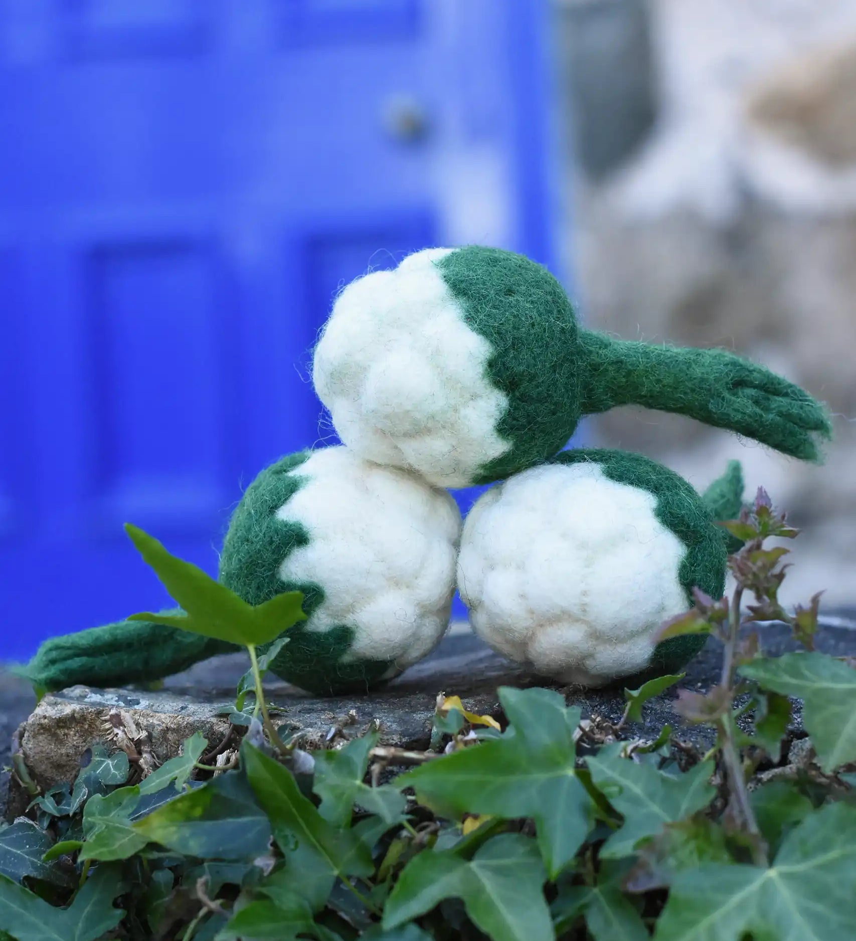 Papoose Toys felt cauliflower set of three placed on a stone wall outdoors. 