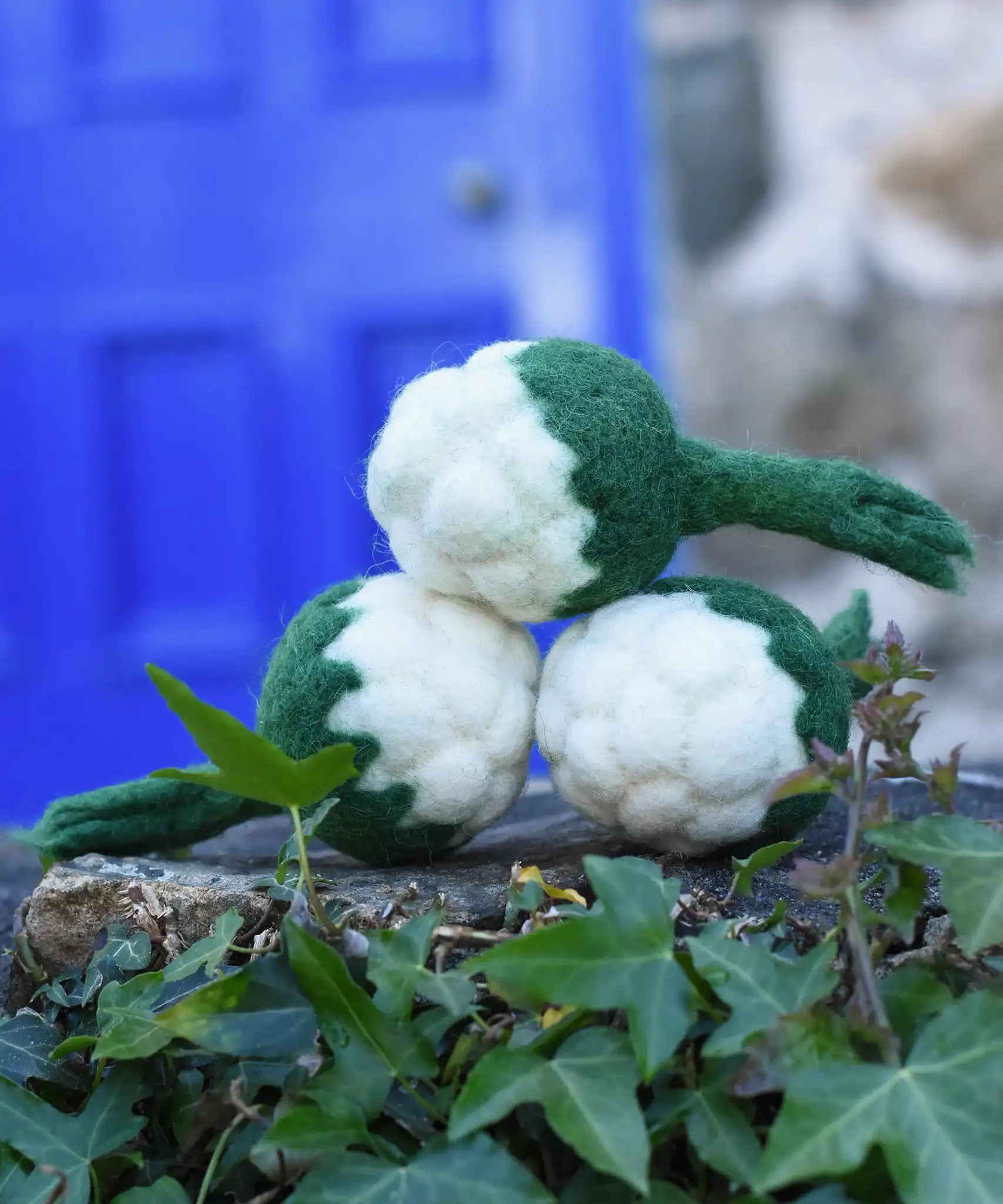 Papoose Toys felt cauliflower set of three placed on a stone wall outdoors. 