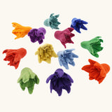 Twelve Papoose felted daffodil flowers in various rainbow colours. Colours chosen at random. 