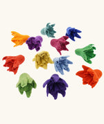 Twelve Papoose felted daffodil flowers in various rainbow colours. Colours chosen at random. 