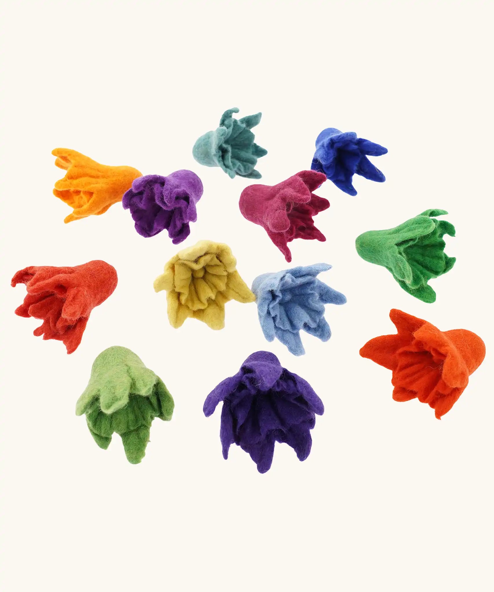 Twelve Papoose felted daffodil flowers in various rainbow colours. Colours chosen at random. 