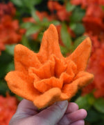 Orange Papoose felted daffodil flower in an adult's hand held up in front of orange azaela flowers. 