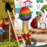 Papoose rainbow tree used in a small world play scene with other wooden and felted toys in the Babipur playroom.