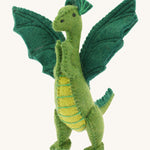A close up of a Papoose green soft natural coloured free felted natural dragon showing the stitching detail and facial features.