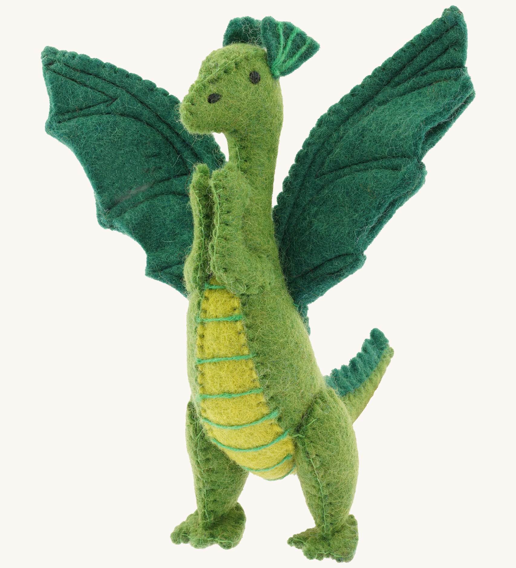 A close up of a Papoose green soft natural coloured free felted natural dragon showing the stitching detail and facial features.