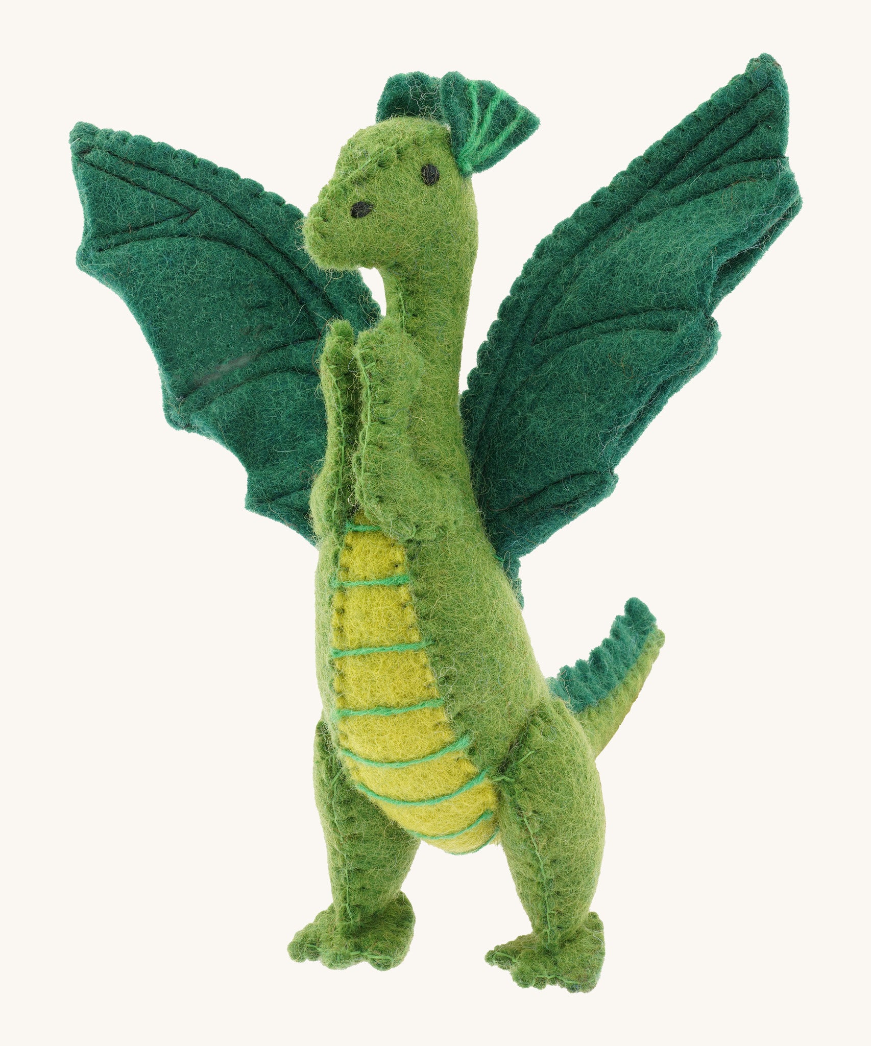 A close up of a Papoose green soft natural coloured free felted natural dragon showing the stitching detail and facial features.