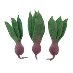 3 Papoose handmade mini felt play food beetroots laid out on a white background