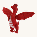 A close up of a Papoose red soft natural coloured free felted natural dragon showing the stitching detail and facial features.