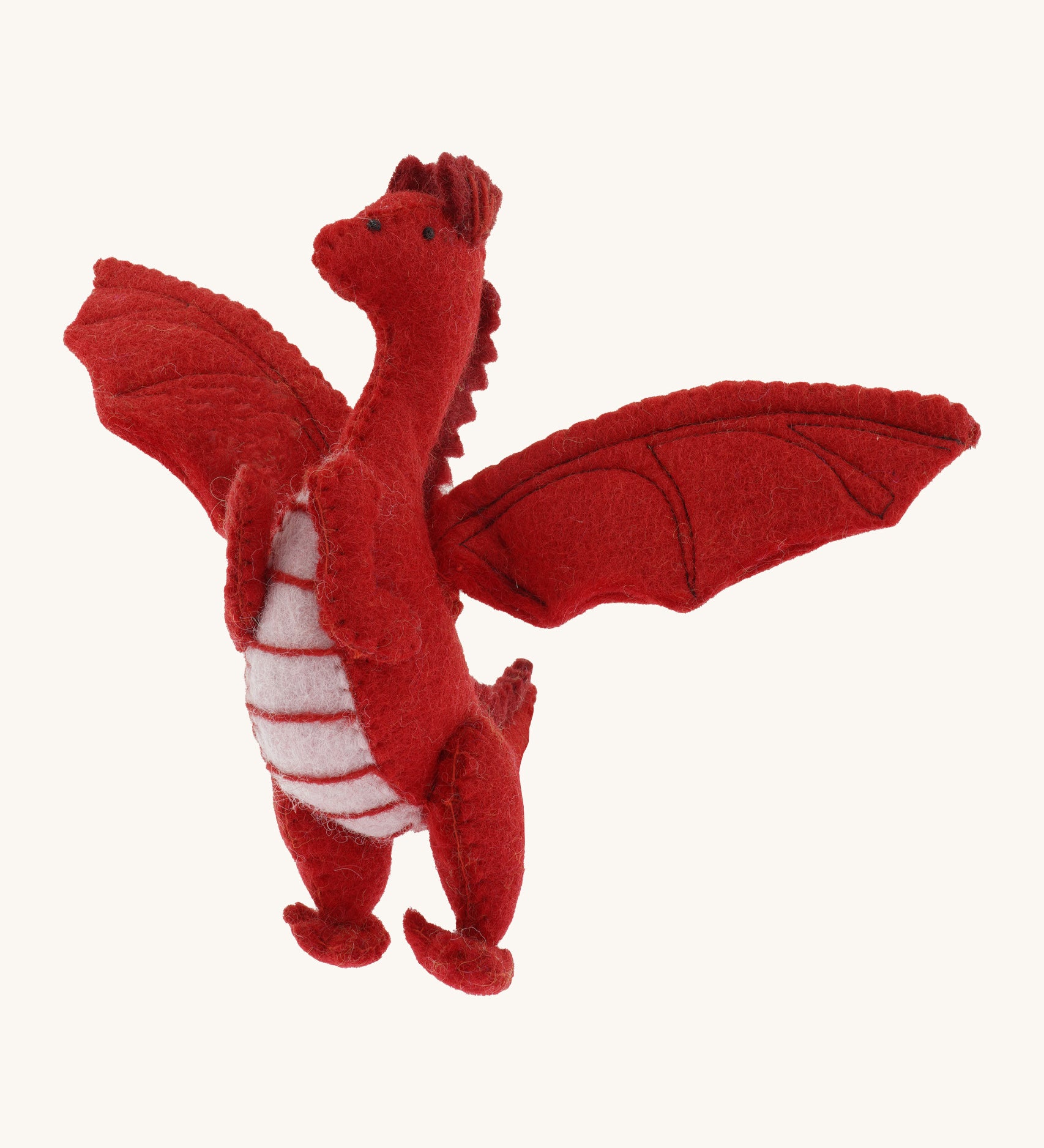 A close up of a Papoose red soft natural coloured free felted natural dragon showing the stitching detail and facial features.