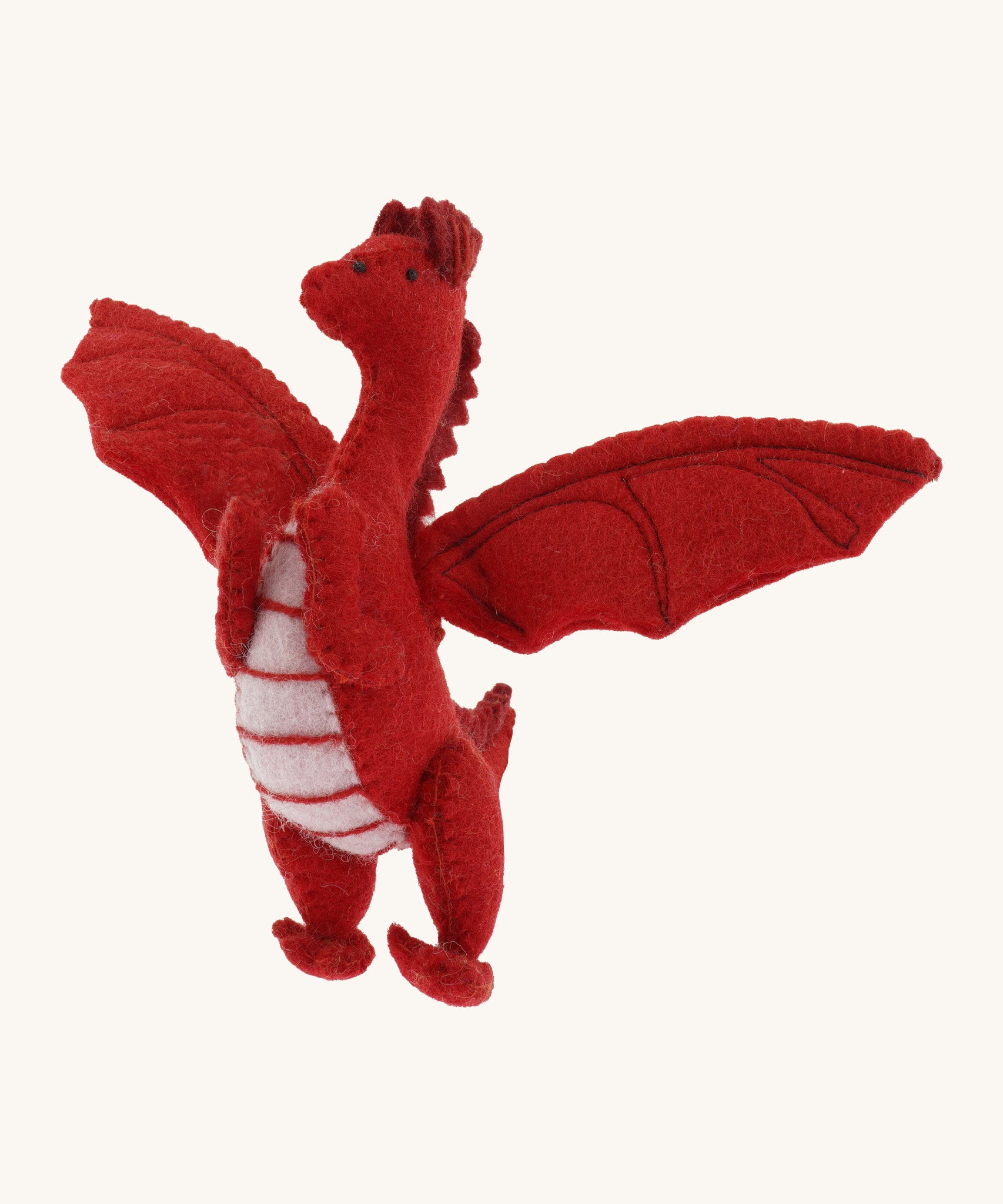 A close up of a Papoose red soft natural coloured free felted natural dragon showing the stitching detail and facial features.