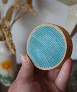 Blue Papoose Toys wooden earth coin in an adult's hand.
