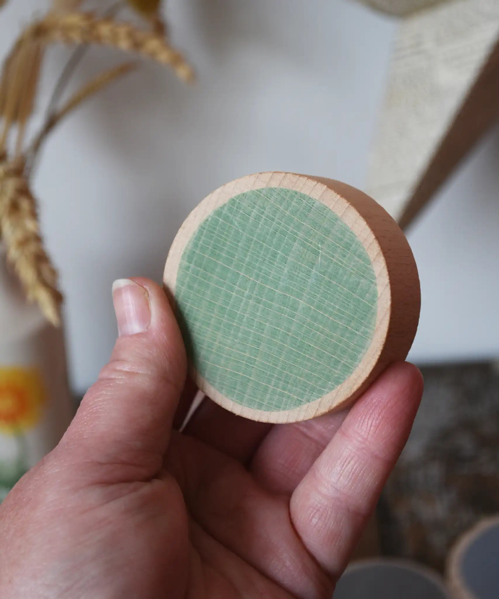 Green Papoose Toys wooden earth coin in an adult's hand.