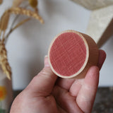 Red Papoose Toys wooden earth coin in an adult's hand.