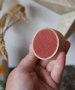 Red Papoose Toys wooden earth coin in an adult's hand.