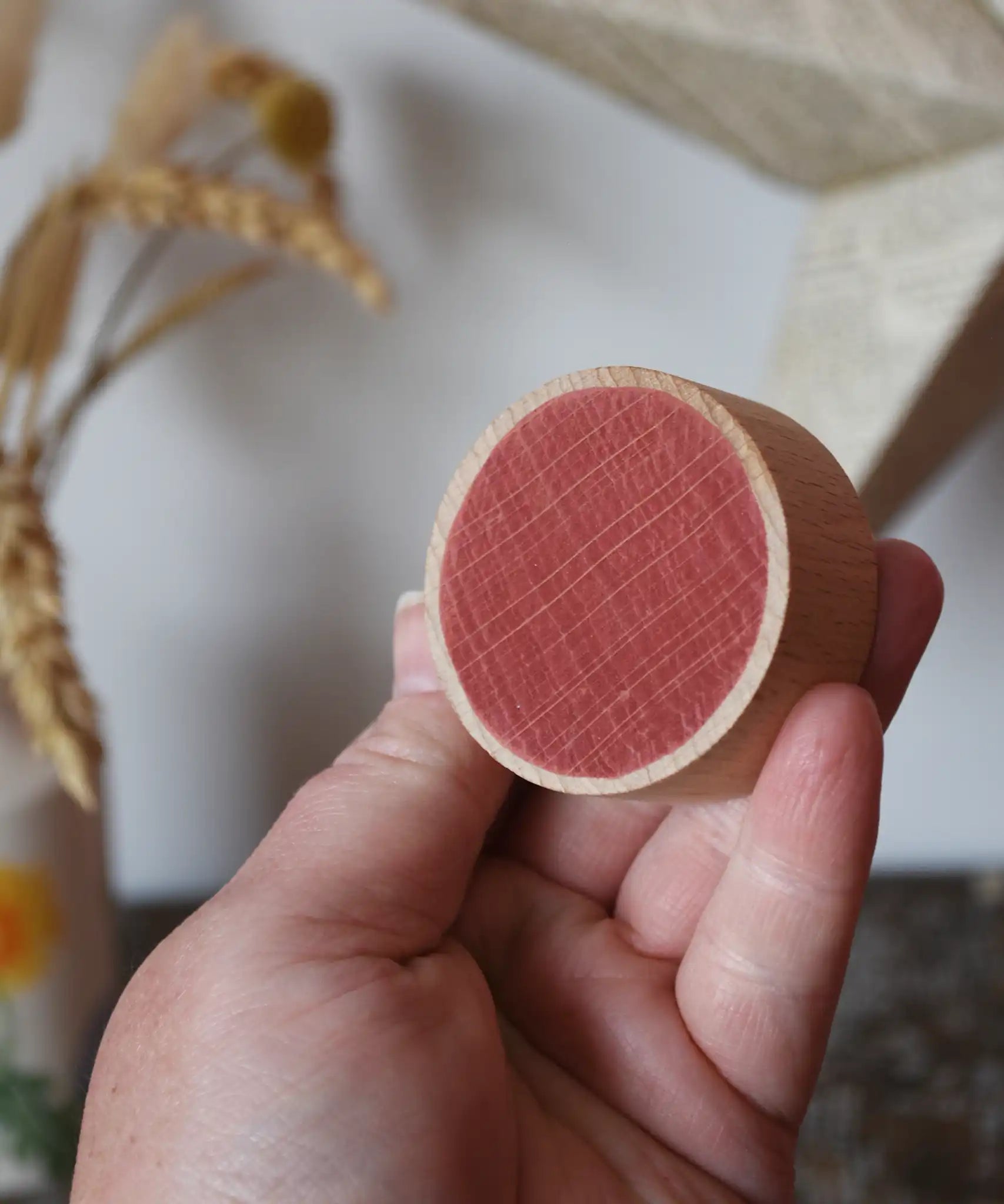 Red Papoose Toys wooden earth coin in an adult's hand.