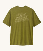 The Patagonia Men's Capilene Cool Daily Graphic Shirt featuring a Wind Runner / Graze Green X-Dye design on a plain background. 