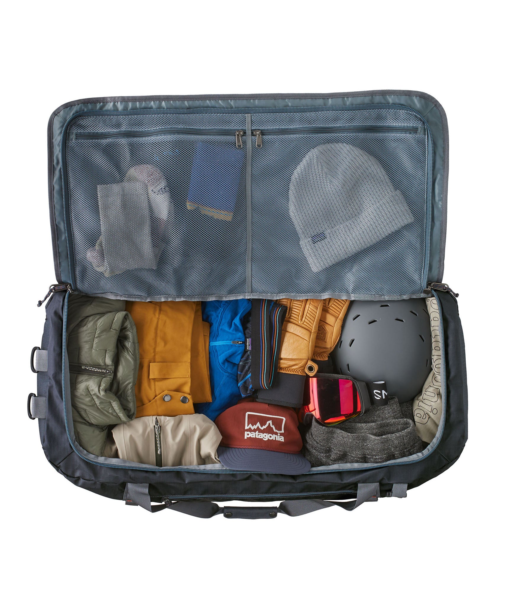 Inside the Patagonia Black Hole Duffel 100L backpack available at Babipur showing how much it can hold