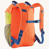 A reverse image of the The Patagonia Kids Refugito 12L Backpack  in orange peel showing the padded shoulder straps and blue chest straw detail
