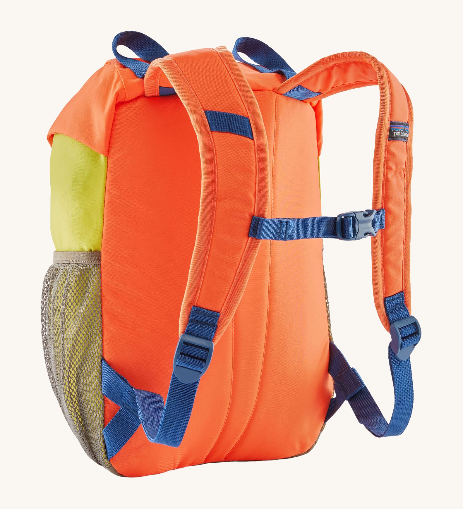 A reverse image of the The Patagonia Kids Refugito 12L Backpack  in orange peel showing the padded shoulder straps and blue chest straw detail
