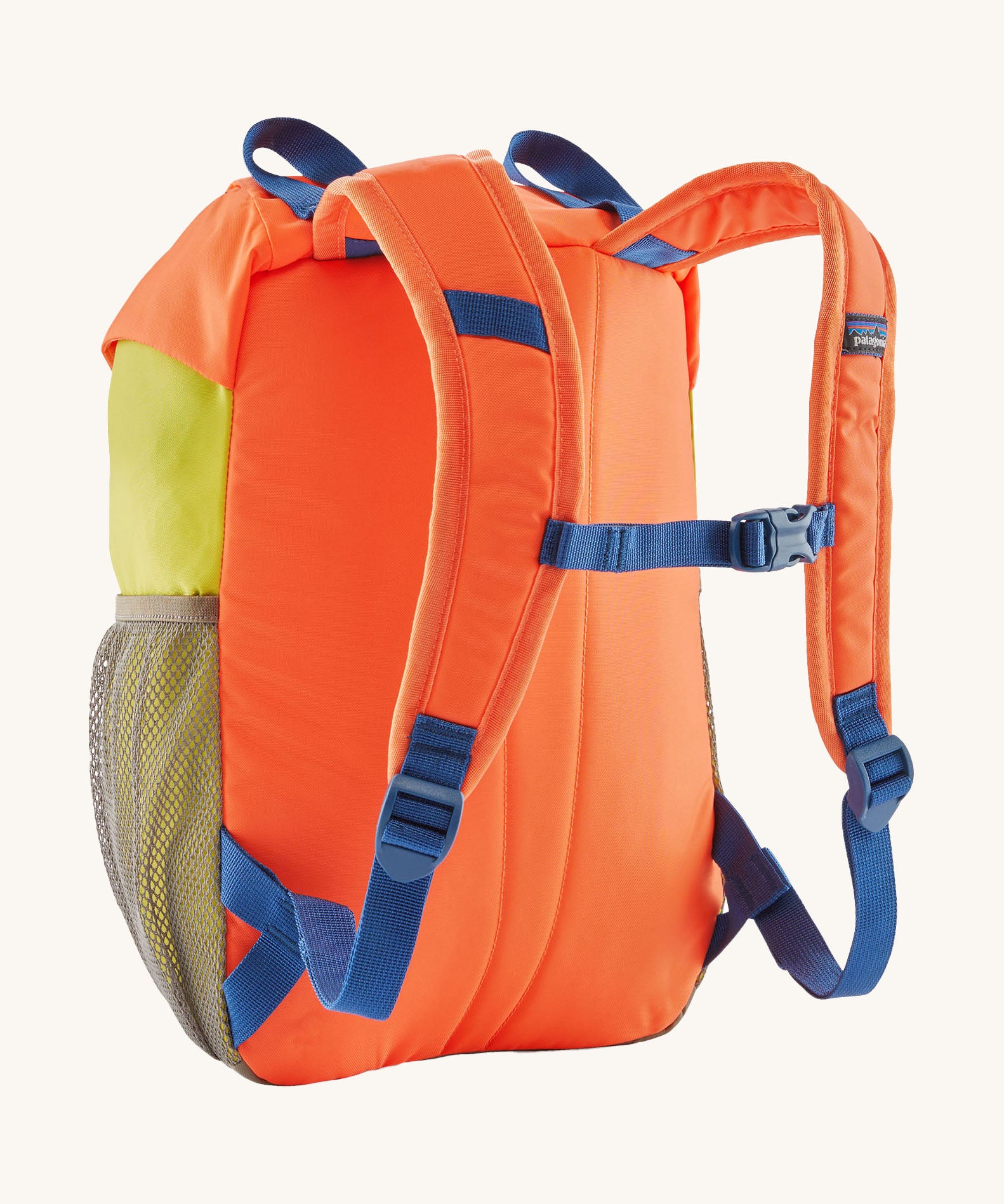 A reverse image of the The Patagonia Kids Refugito 12L Backpack  in orange peel showing the padded shoulder straps and blue chest straw detail